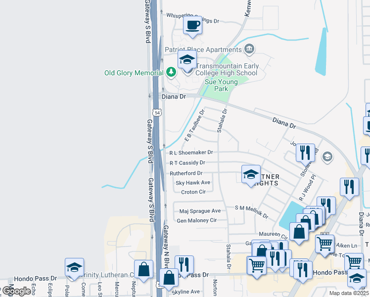 map of restaurants, bars, coffee shops, grocery stores, and more near 9417 East B Taulbee Drive in El Paso