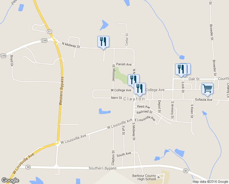 map of restaurants, bars, coffee shops, grocery stores, and more near 32 West College Avenue in Clayton
