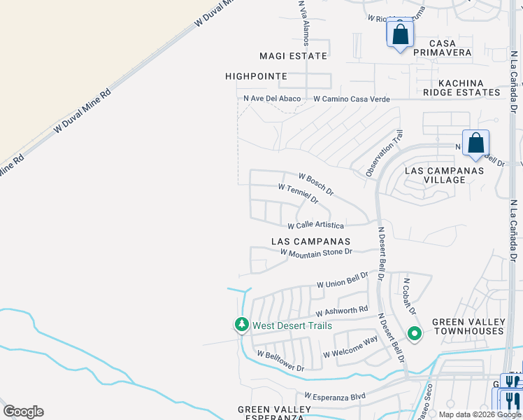 map of restaurants, bars, coffee shops, grocery stores, and more near 591 North TUNITCHA Drive in Green Valley