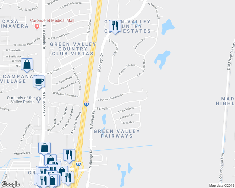 map of restaurants, bars, coffee shops, grocery stores, and more near 217 East Paseo Chuparosas in Green Valley