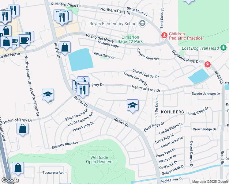 map of restaurants, bars, coffee shops, grocery stores, and more near 7349 Prickley Pear Drive in El Paso