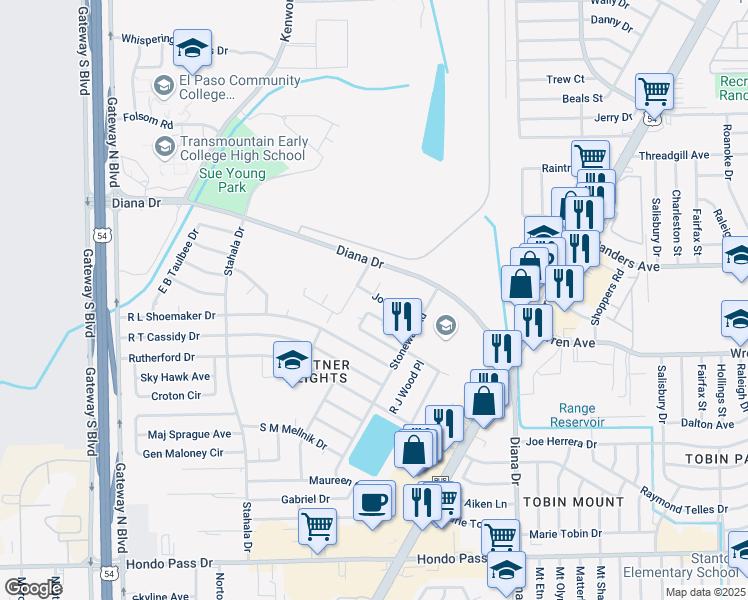 map of restaurants, bars, coffee shops, grocery stores, and more near 4708 Joel Drive in El Paso