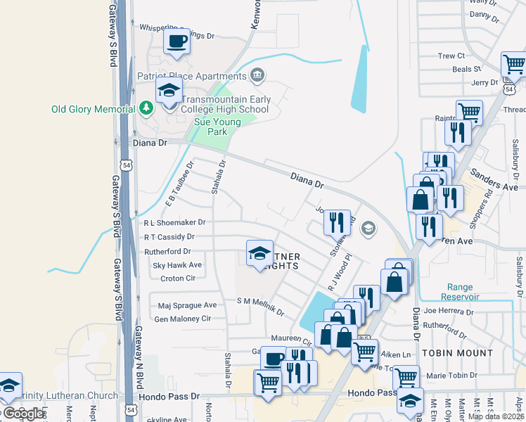 map of restaurants, bars, coffee shops, grocery stores, and more near 4608 Robert Holt Drive in El Paso