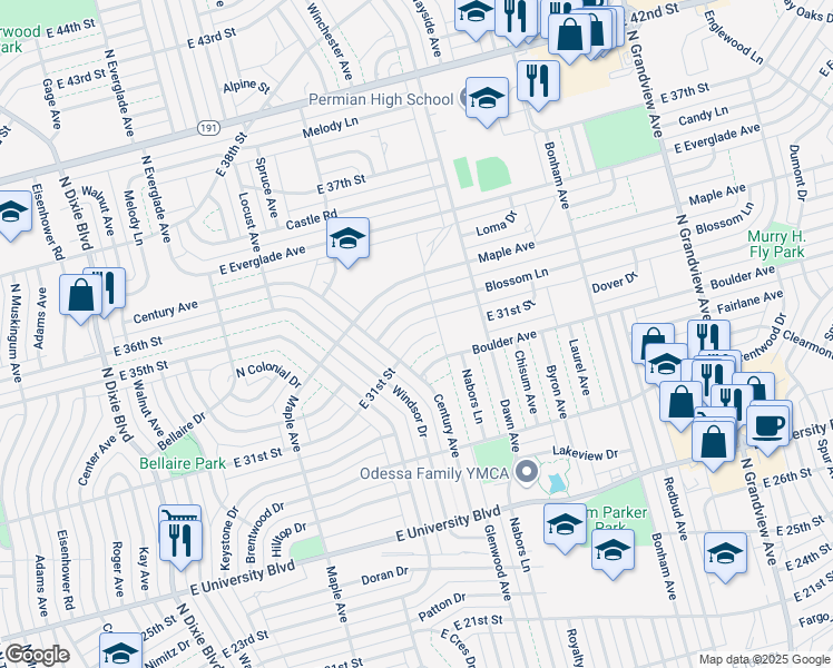 map of restaurants, bars, coffee shops, grocery stores, and more near 3109 East 31st Street in Odessa