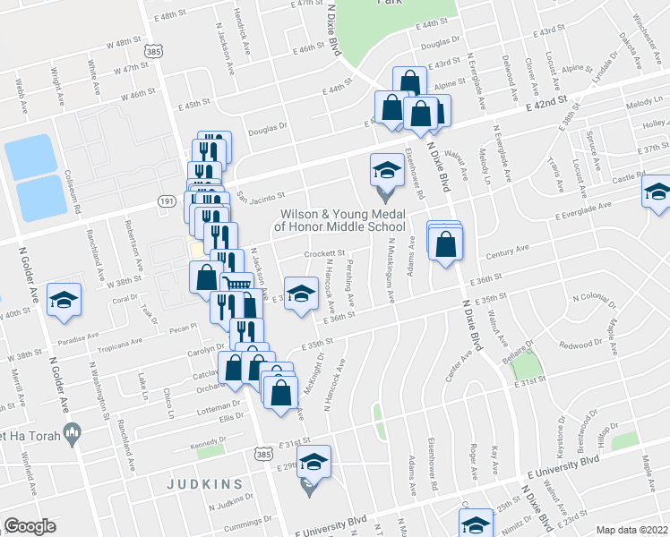 map of restaurants, bars, coffee shops, grocery stores, and more near 3620 North Hancock Avenue in Odessa