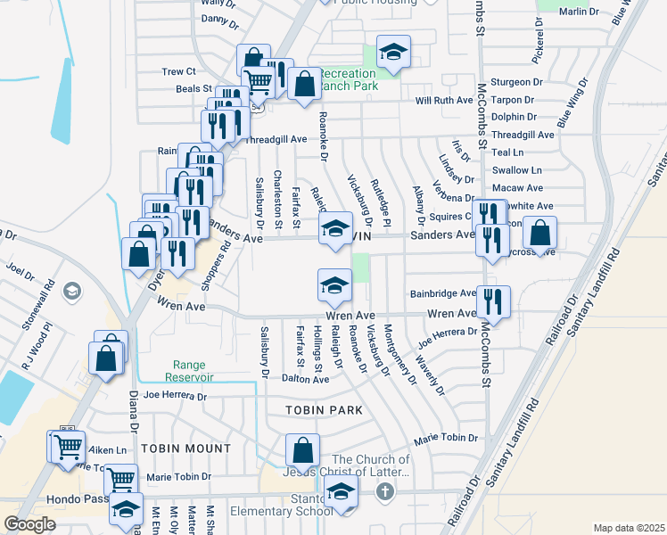 map of restaurants, bars, coffee shops, grocery stores, and more near 9455 Roanoke Drive in El Paso