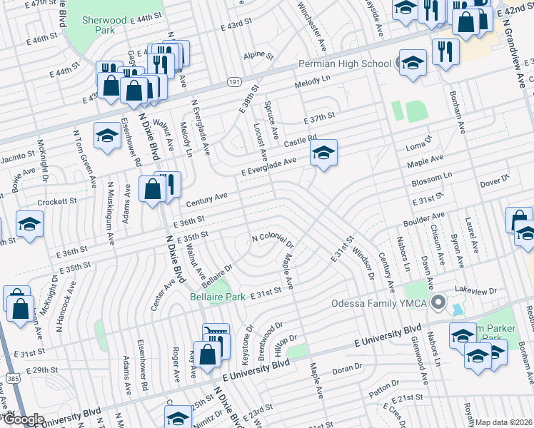 map of restaurants, bars, coffee shops, grocery stores, and more near 1413 East 35th Street in Odessa