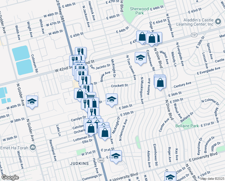 map of restaurants, bars, coffee shops, grocery stores, and more near 3711 McKnight Drive in Odessa