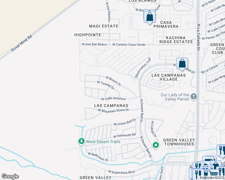 map of restaurants, bars, coffee shops, grocery stores, and more near 973 West Tenniel Drive in Green Valley