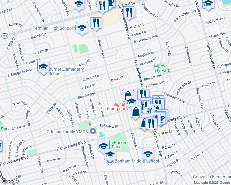 map of restaurants, bars, coffee shops, grocery stores, and more near 3102 Bonham Avenue in Odessa