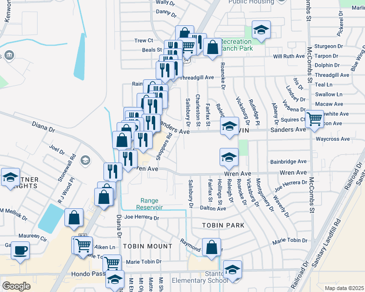 map of restaurants, bars, coffee shops, grocery stores, and more near 9455 Roanoke Drive in El Paso