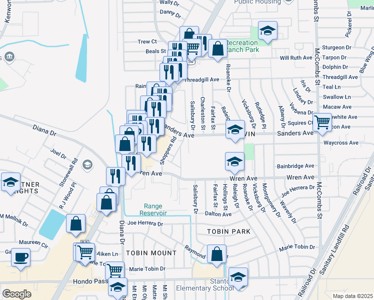 map of restaurants, bars, coffee shops, grocery stores, and more near 5284-5298 Sanders Avenue in El Paso