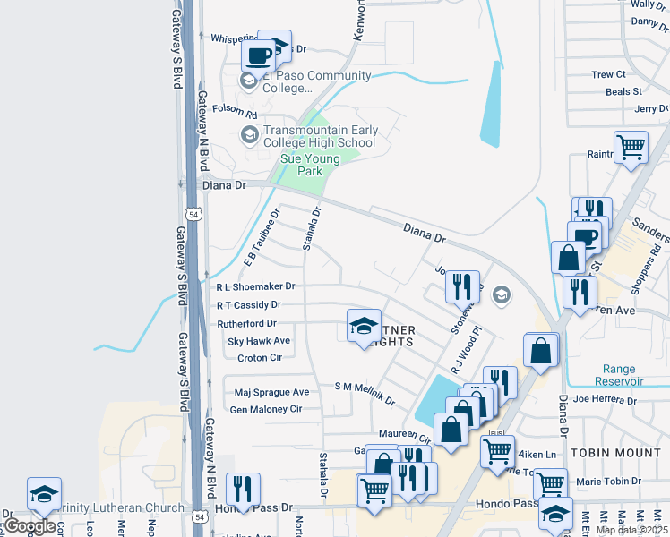 map of restaurants, bars, coffee shops, grocery stores, and more near 4628 George Patton Lane in El Paso