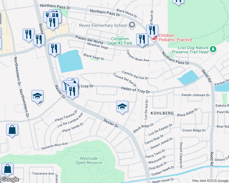map of restaurants, bars, coffee shops, grocery stores, and more near 1516 Prickley Pear Drive in El Paso