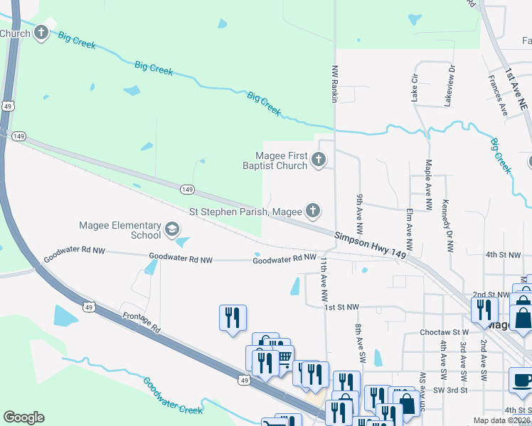 map of restaurants, bars, coffee shops, grocery stores, and more near 100 Stuard Drive in Magee