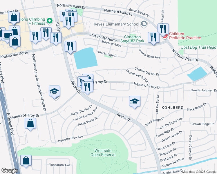 map of restaurants, bars, coffee shops, grocery stores, and more near 7370 Prickley Pear Drive in El Paso