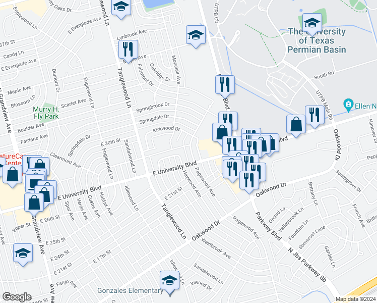 map of restaurants, bars, coffee shops, grocery stores, and more near 2723 Pagewood Avenue in Odessa