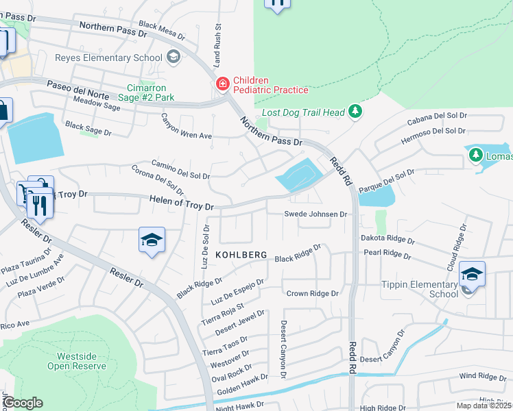 map of restaurants, bars, coffee shops, grocery stores, and more near 7077 Luz De Sol Drive in El Paso