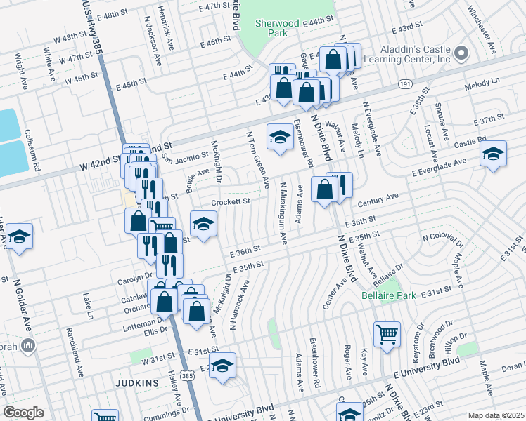 map of restaurants, bars, coffee shops, grocery stores, and more near 3619 North Tom Green Avenue in Odessa