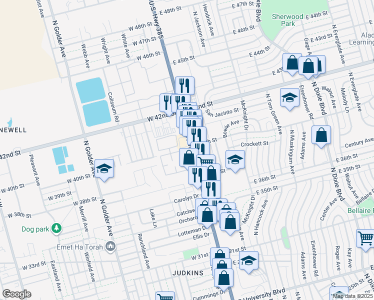 map of restaurants, bars, coffee shops, grocery stores, and more near 3755 Andrews Highway in Odessa