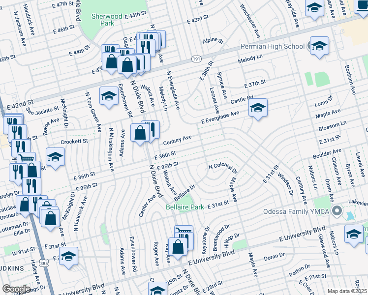map of restaurants, bars, coffee shops, grocery stores, and more near 1301 East 36th Street in Odessa