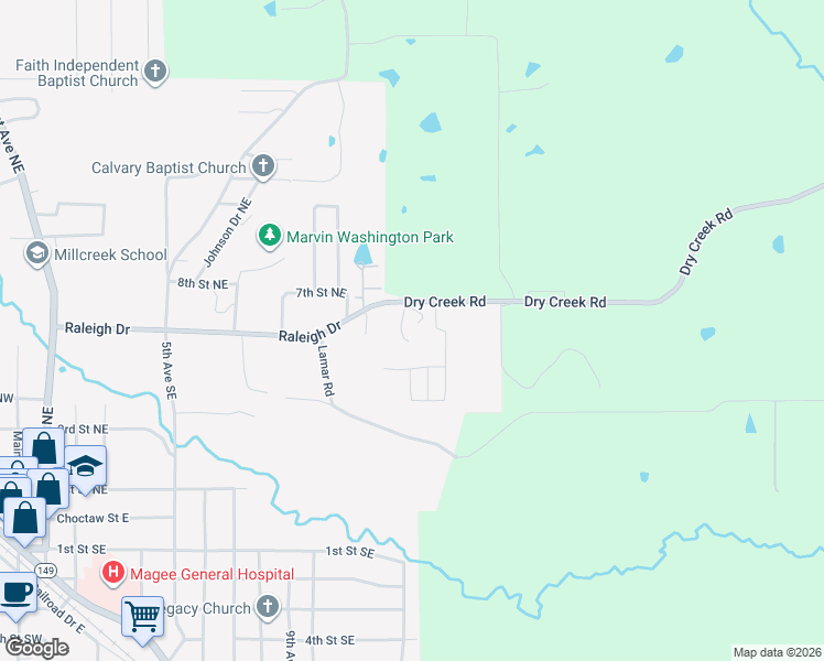 map of restaurants, bars, coffee shops, grocery stores, and more near 730 Raleigh Drive North East in Magee