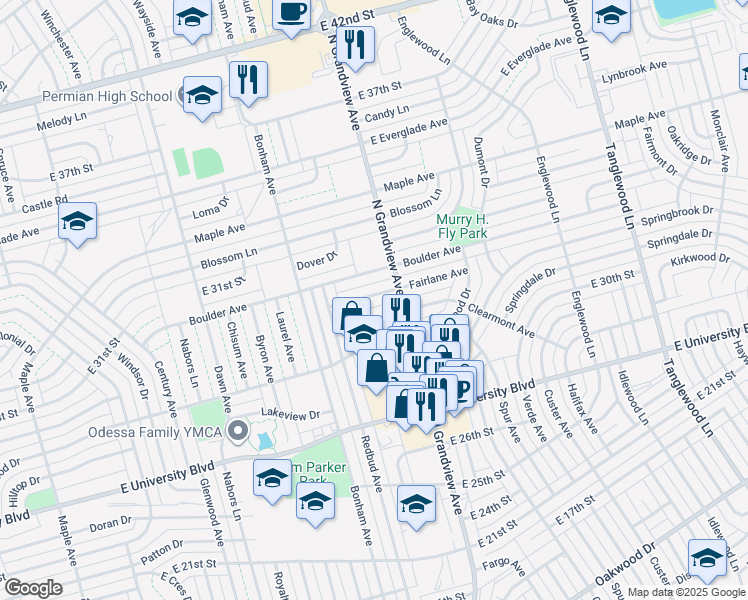 map of restaurants, bars, coffee shops, grocery stores, and more near 3414 Fairlane Avenue in Odessa