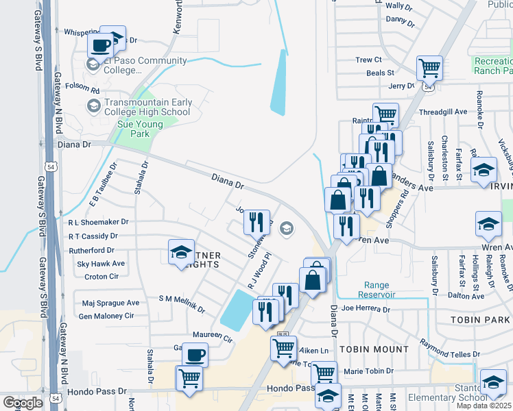 map of restaurants, bars, coffee shops, grocery stores, and more near 4741 Joel Drive in El Paso