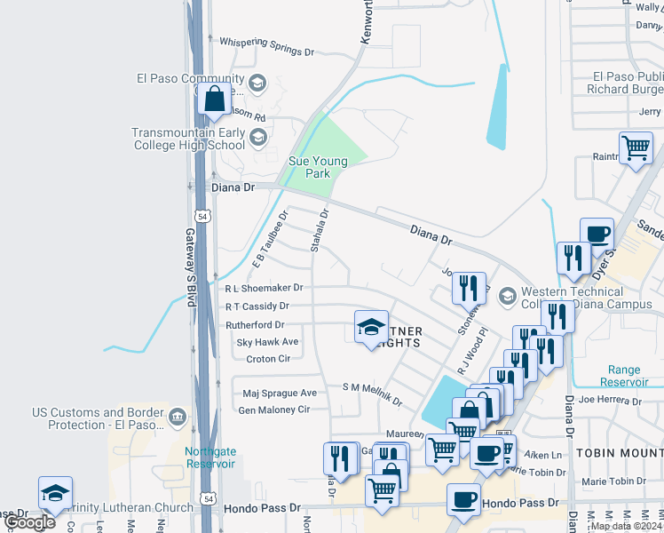map of restaurants, bars, coffee shops, grocery stores, and more near 4628 George Patton Lane in El Paso
