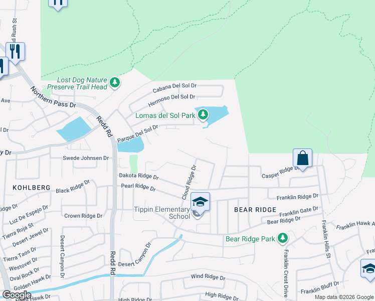 map of restaurants, bars, coffee shops, grocery stores, and more near 6713 Capitan Ridge in El Paso