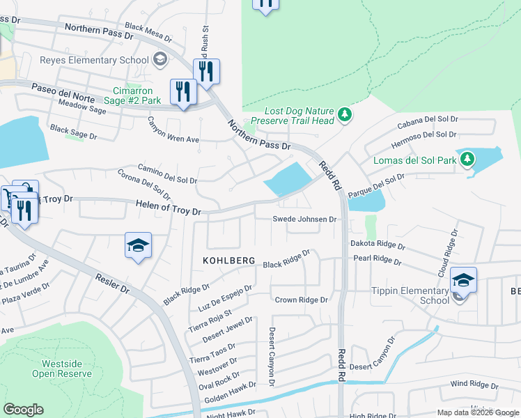 map of restaurants, bars, coffee shops, grocery stores, and more near 7065 Luz De Sol Drive in El Paso