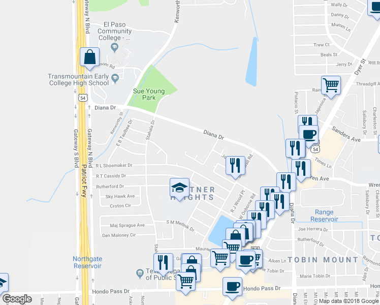 map of restaurants, bars, coffee shops, grocery stores, and more near 4621 Robert Holt Drive in El Paso