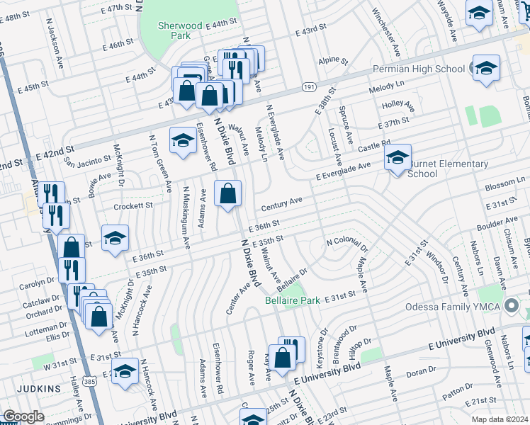 map of restaurants, bars, coffee shops, grocery stores, and more near 1204 Century Avenue in Odessa