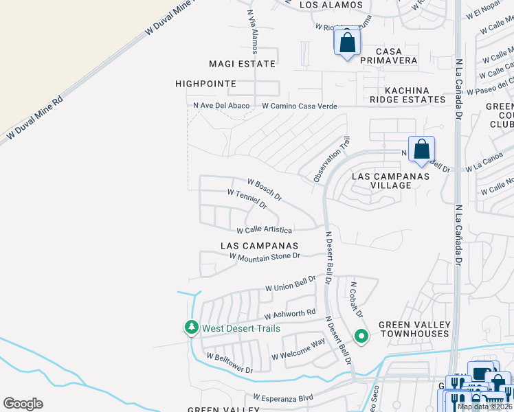 map of restaurants, bars, coffee shops, grocery stores, and more near 983 West Tenniel Drive in Green Valley