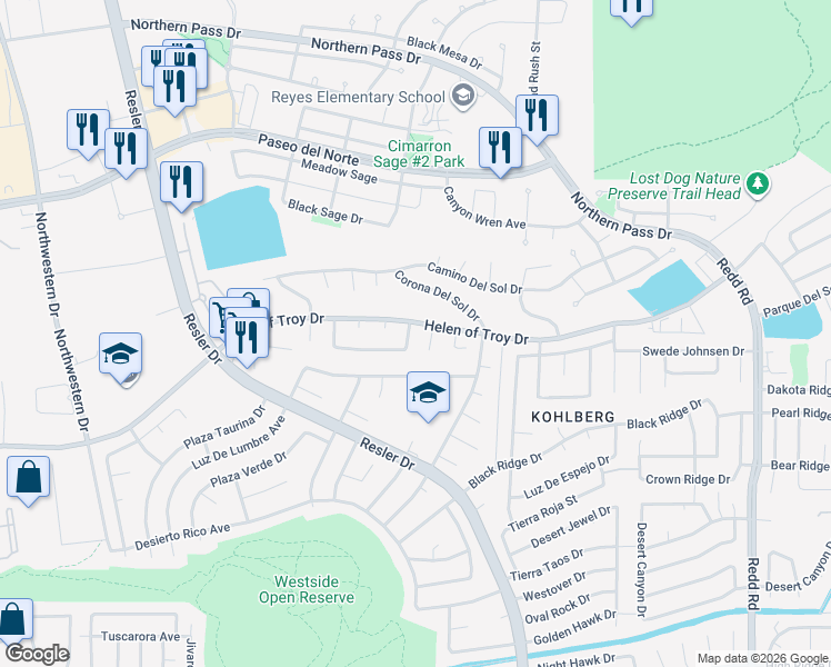 map of restaurants, bars, coffee shops, grocery stores, and more near 1516 Prickley Pear Drive in El Paso