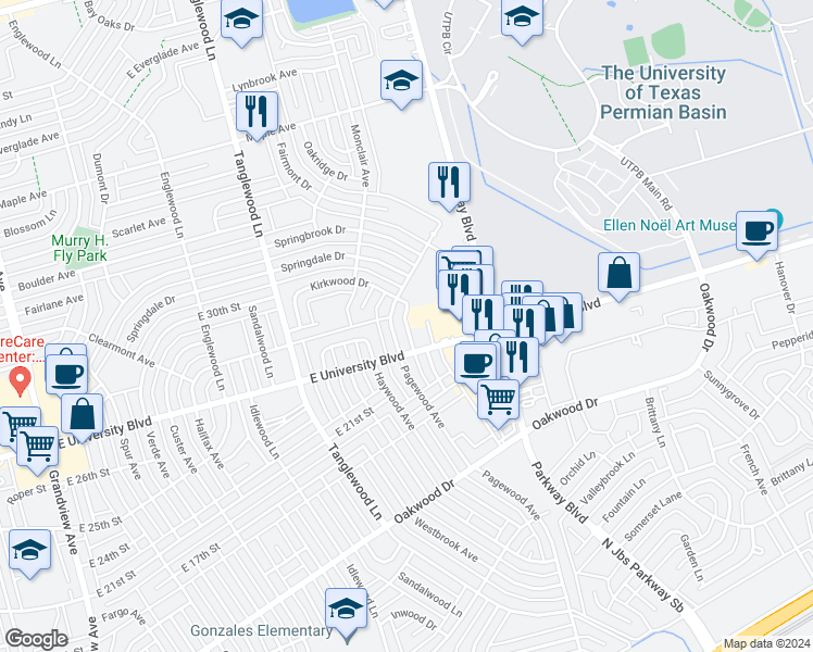 map of restaurants, bars, coffee shops, grocery stores, and more near 2743 Fair Palms Place in Odessa