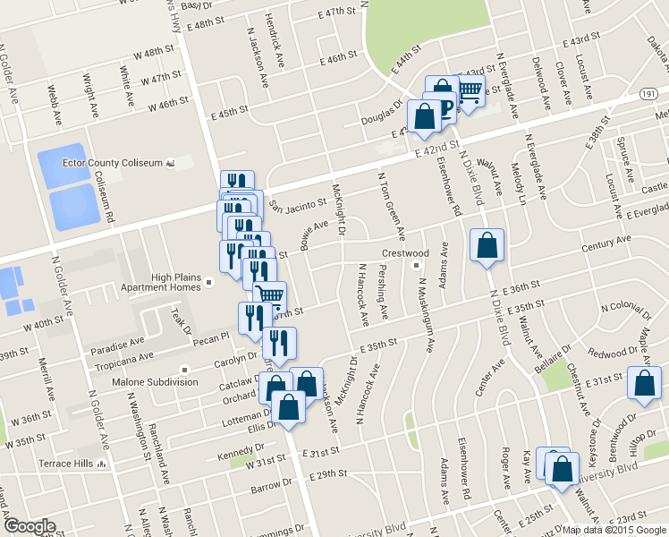 map of restaurants, bars, coffee shops, grocery stores, and more near 308 Crockett Street in Odessa