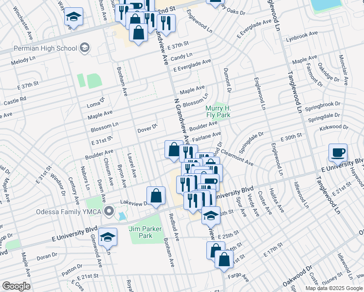 map of restaurants, bars, coffee shops, grocery stores, and more near 3414-3418 Fairlane Avenue in Odessa