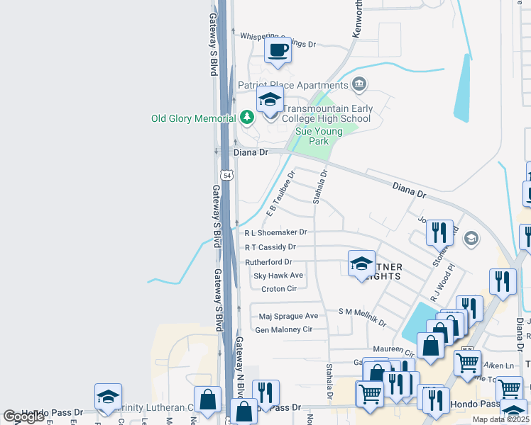 map of restaurants, bars, coffee shops, grocery stores, and more near 9417 East B Taulbee Drive in El Paso