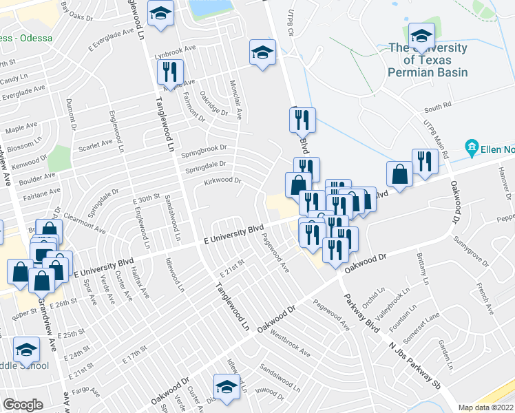 map of restaurants, bars, coffee shops, grocery stores, and more near 2724 Pagewood Avenue in Odessa