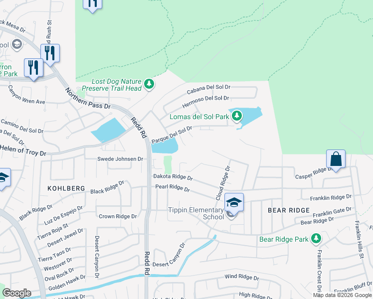 map of restaurants, bars, coffee shops, grocery stores, and more near 1451 Senda Del Sol Lane in El Paso