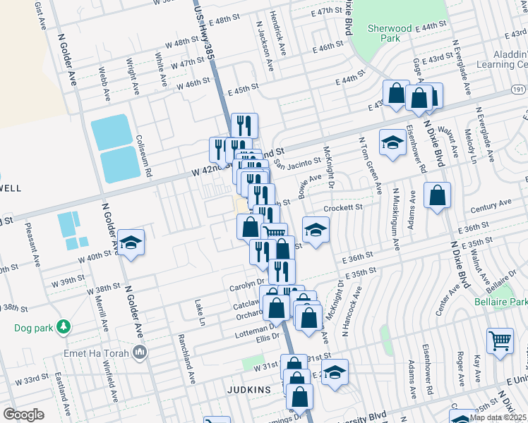 map of restaurants, bars, coffee shops, grocery stores, and more near 3755 Andrews Highway in Odessa