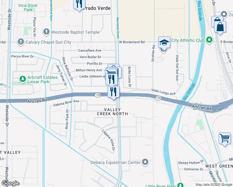 map of restaurants, bars, coffee shops, grocery stores, and more near Artcraft Road in El Paso