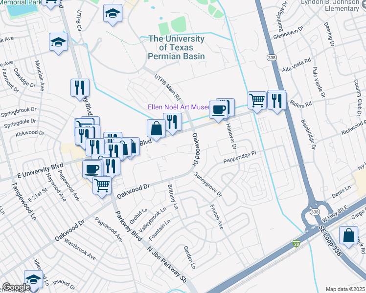 map of restaurants, bars, coffee shops, grocery stores, and more near 4801 Oakwood Drive in Odessa
