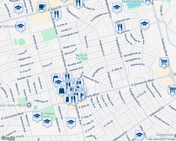 map of restaurants, bars, coffee shops, grocery stores, and more near 3621 Springbrook Drive in Odessa