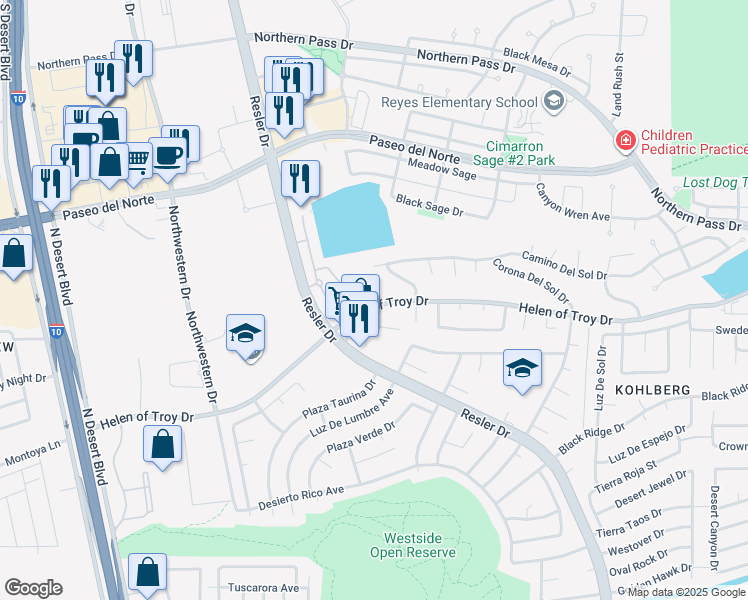 map of restaurants, bars, coffee shops, grocery stores, and more near 1600 Resler Drive in El Paso