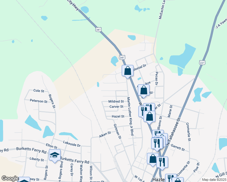 map of restaurants, bars, coffee shops, grocery stores, and more near 11 Danny Street in Hazlehurst