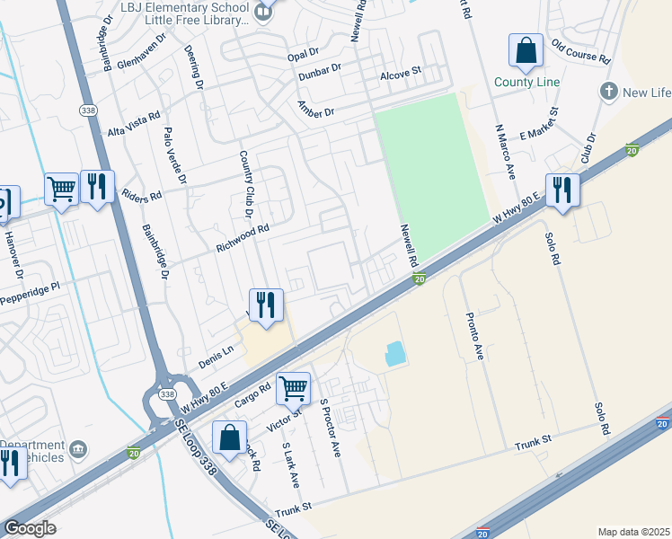 map of restaurants, bars, coffee shops, grocery stores, and more near 6328 Christo Lane in Odessa