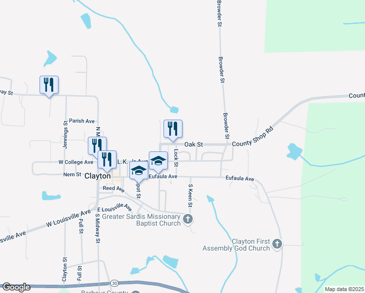 map of restaurants, bars, coffee shops, grocery stores, and more near 28-56 Oak Street in Clayton