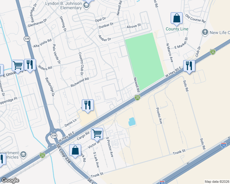 map of restaurants, bars, coffee shops, grocery stores, and more near 6328 Christo Lane in Odessa